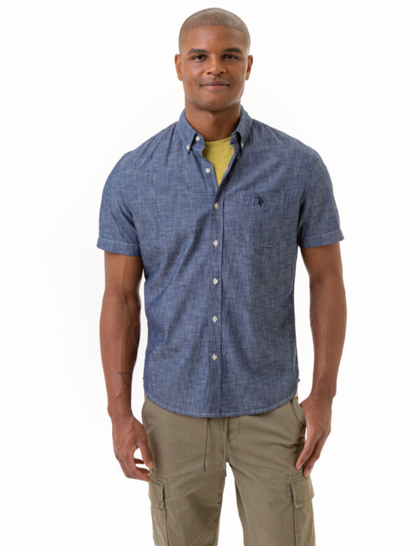 SHORT SLEEVE SLUB CHAMBRAY WOVEN SHIRT